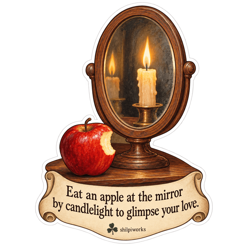 Eat an apple at the mirror by candlelight to glimpse your love.