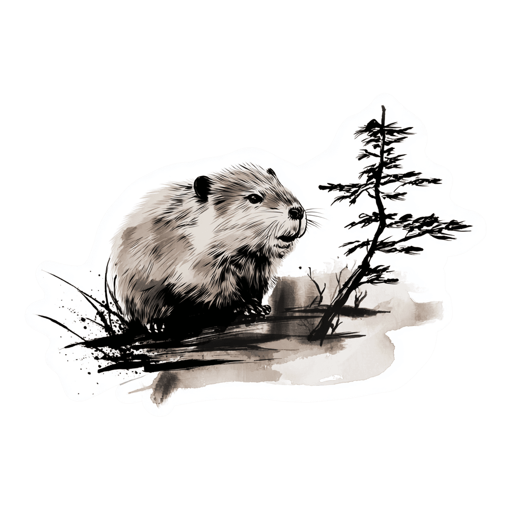 Illustration of a beaver in an ink wash style standing near a tree.