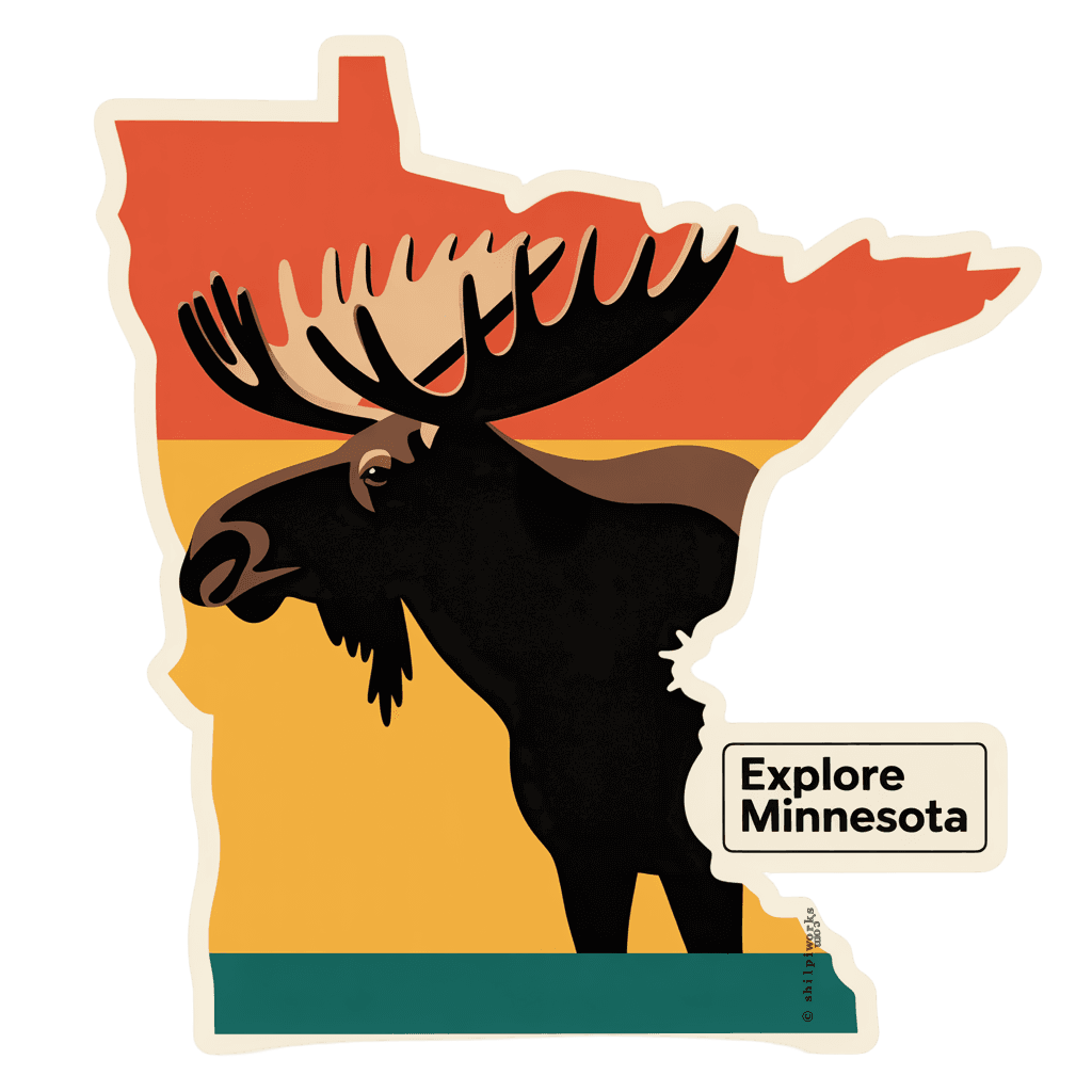 Minnesota shaped decal with a moose silhouette and the words 'Explore Minnesota'.