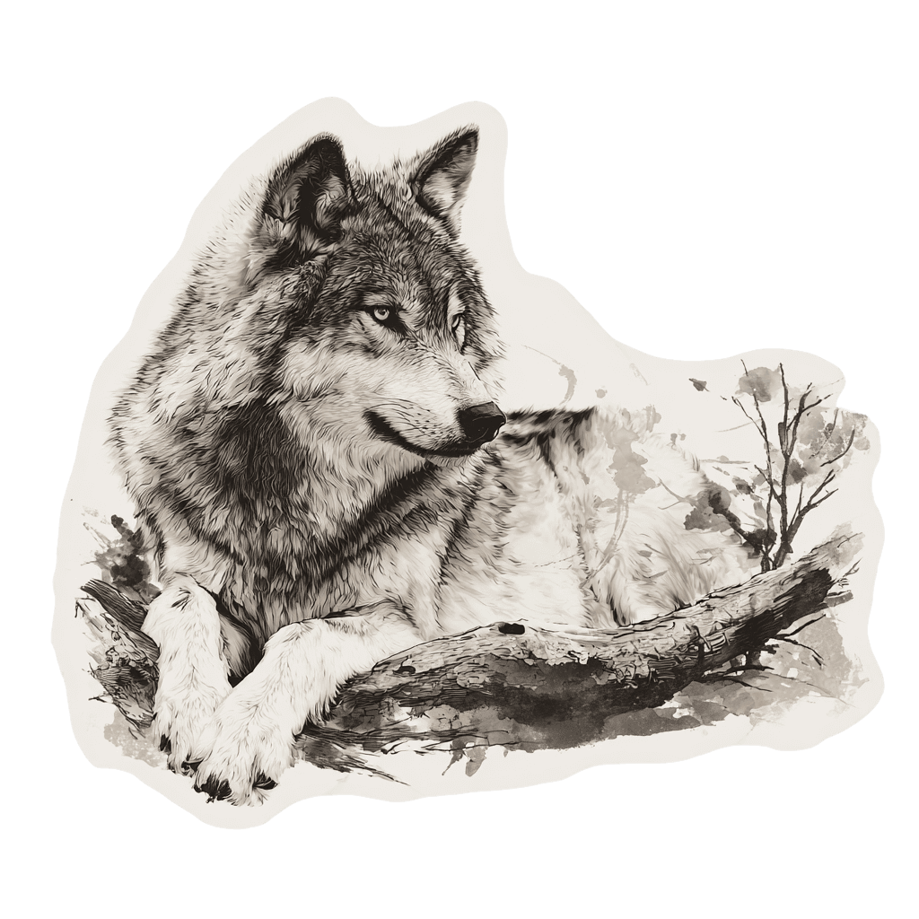 Illustration of a wolf resting on a fallen tree branch with an abstract, watercolor-like background