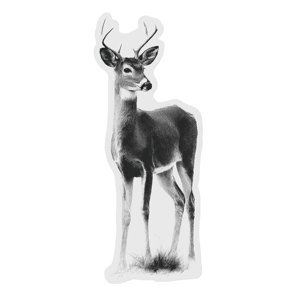 Black and white image of a standing deer