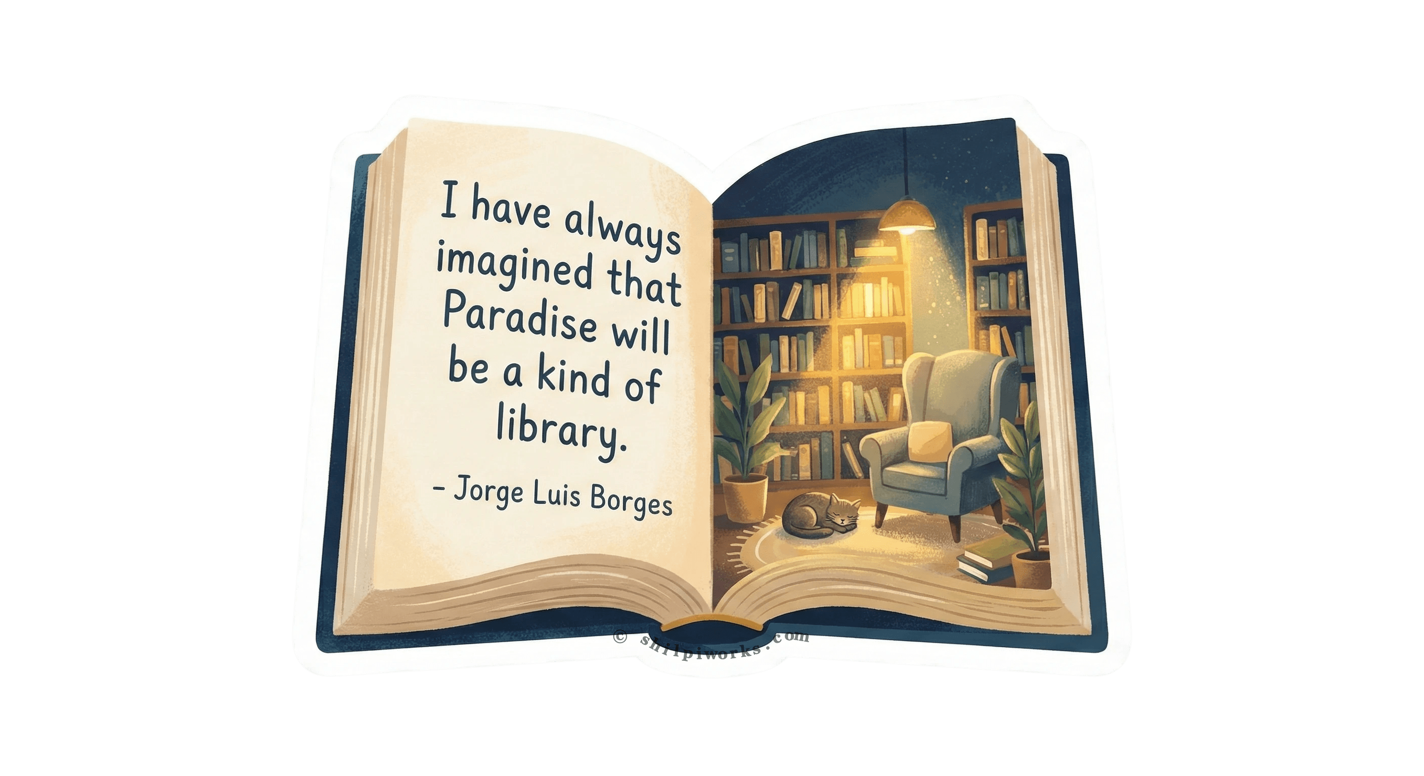 An open book showing a cozy library scene with the quote 'I have always imagined that Paradise will be a kind of library.' - Jorge Luis Borges.