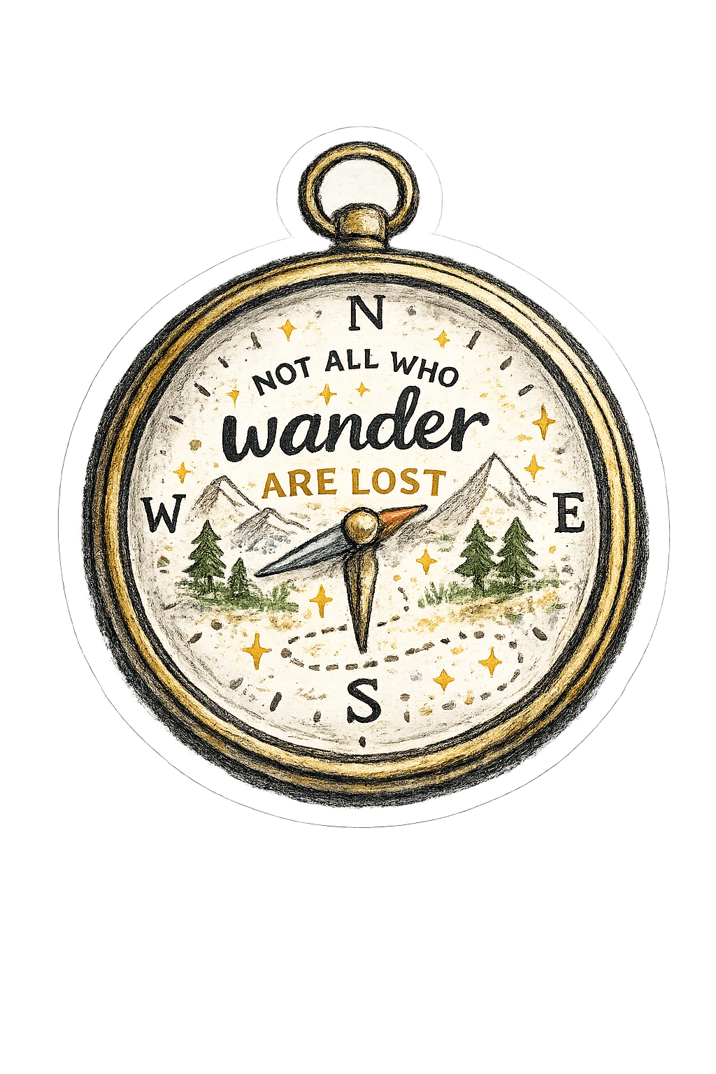 Compass art with the text 'Not all who wander are lost', featuring mountains and trees.