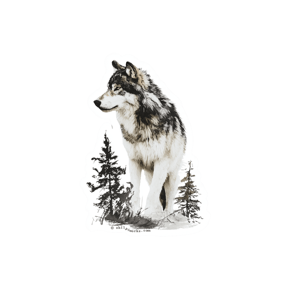 Illustration of a wolf standing among pine trees.