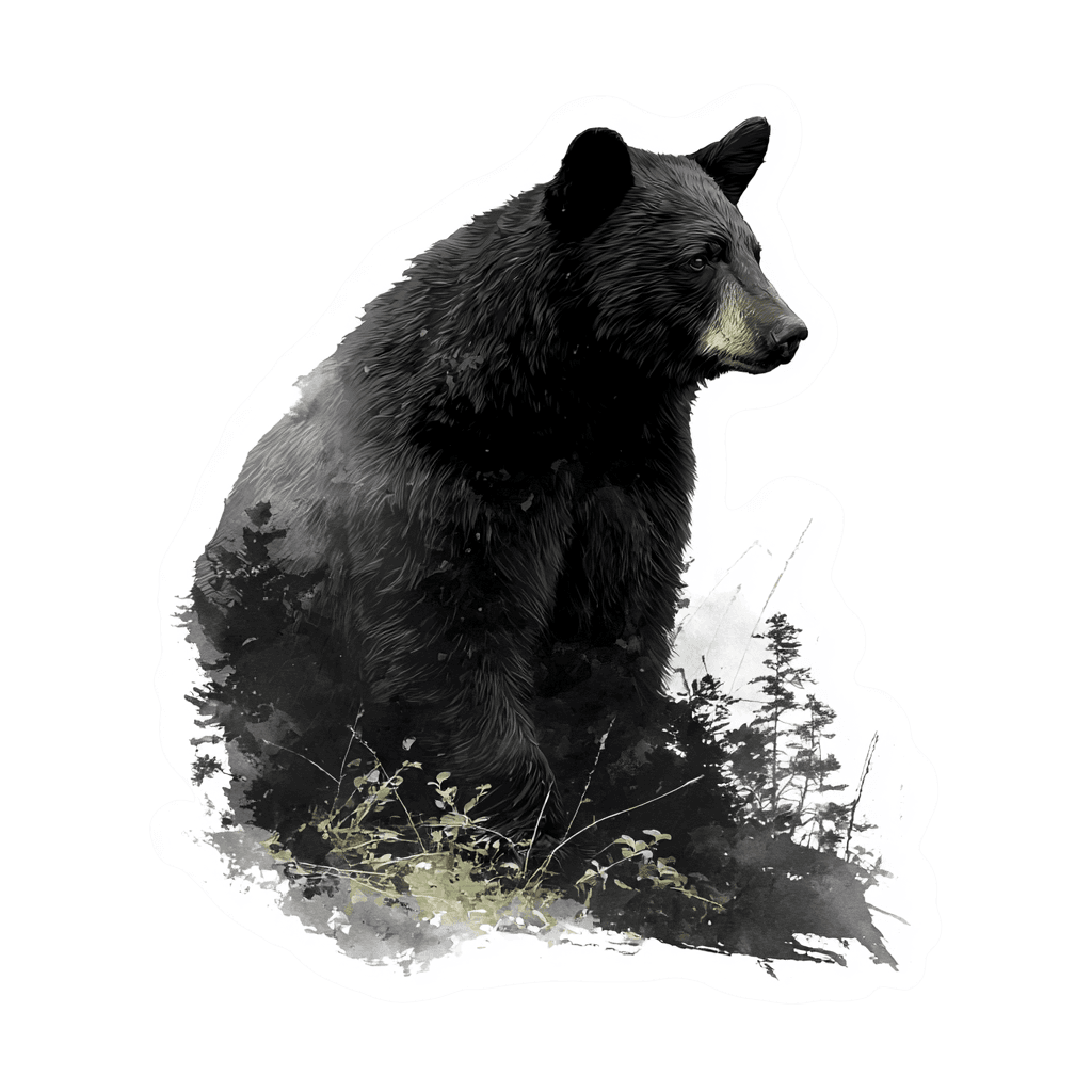 Artistic black bear blends into a forest scene.