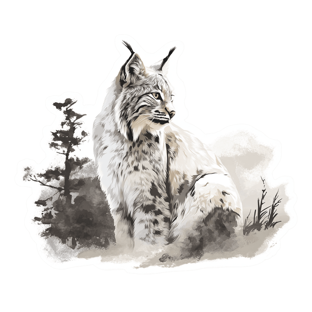 Illustration of a lynx sitting in a snowy landscape.