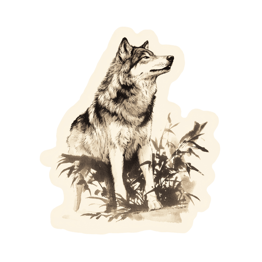 Illustration of a wolf sitting among grasses in sepia tones.
