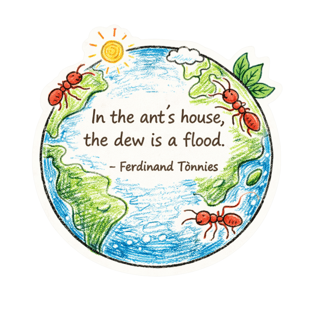 Round die-cut sticker with a colored pencil drawing of the Earth, three red ants, and a sun. Text reads: 'In the ant's house, the dew is a flood. - Ferdinand Tönnies'.