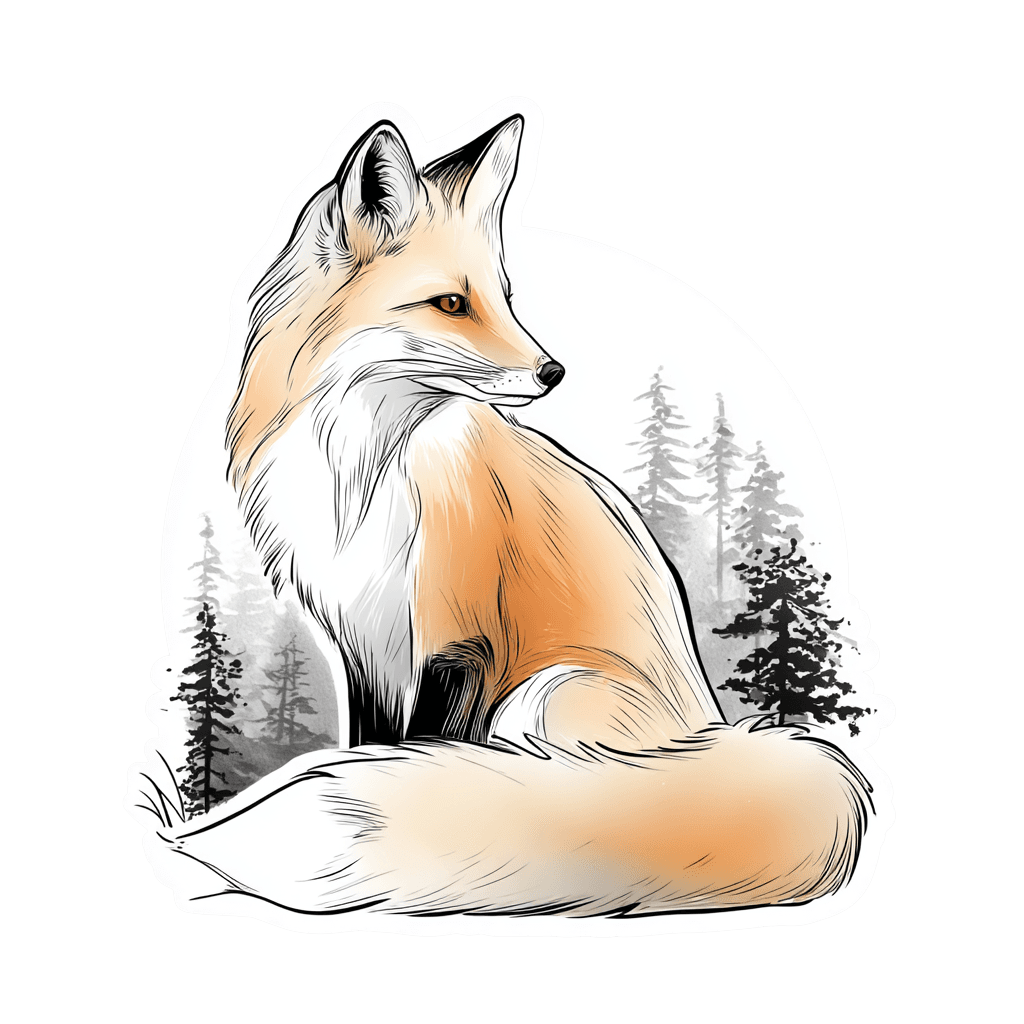 Vinyl sticker of a fox sitting in front of a grayscale forest scene.