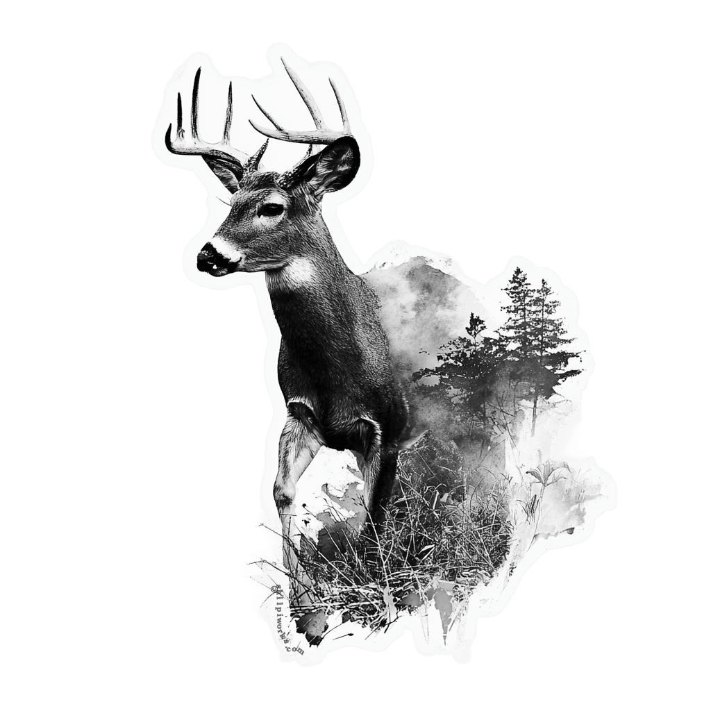 Black and white deer merged with a forest landscape.