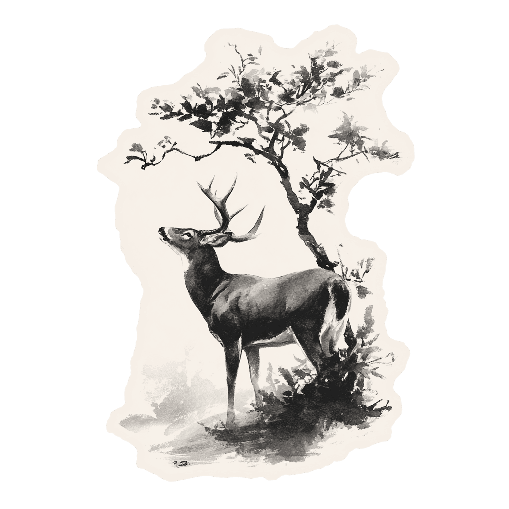 Illustration of a deer standing under a tree in black and white