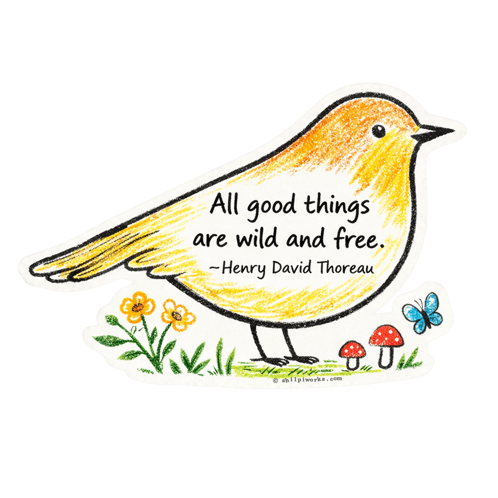 Illustration of a yellow bird with flowers and mushrooms, featuring the quote 'All good things are wild and free' by Henry David Thoreau.
