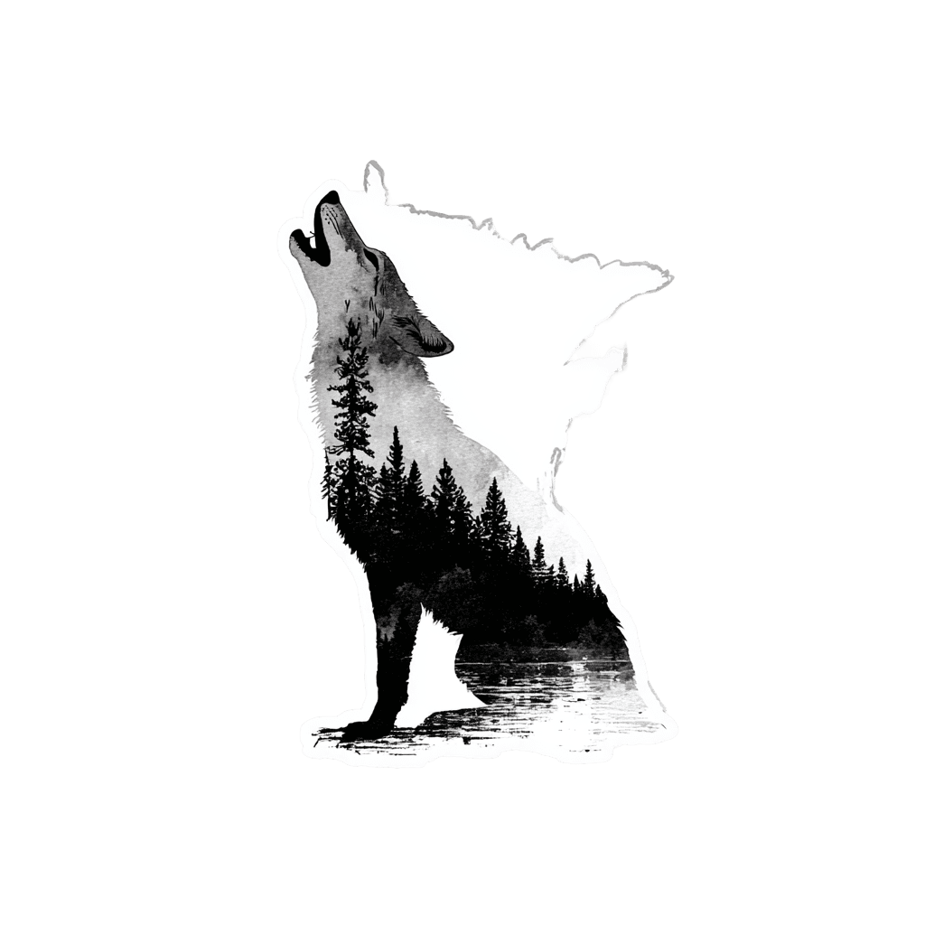 Black and white graphic of a howling wolf silhouette filled with a forest and lake scene.