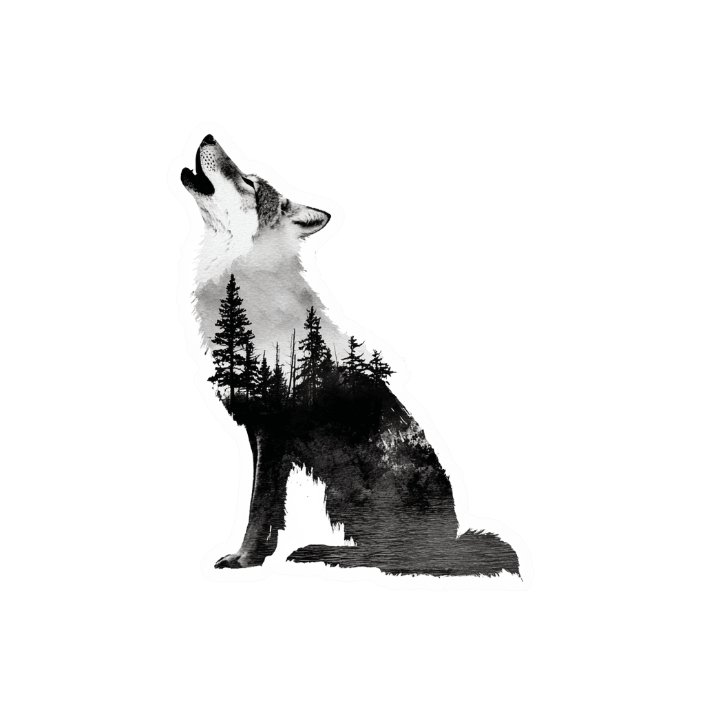 Black and white graphic of a howling wolf silhouette filled with a forest landscape.