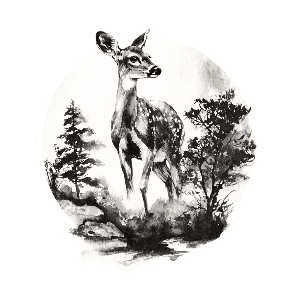 Black and white illustration of a deer in a forest clearing.