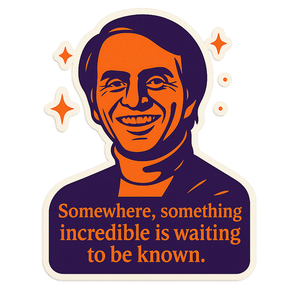 Stylized portrait of Carl Sagan with the quote: 'Somewhere, something incredible is waiting to be known.'