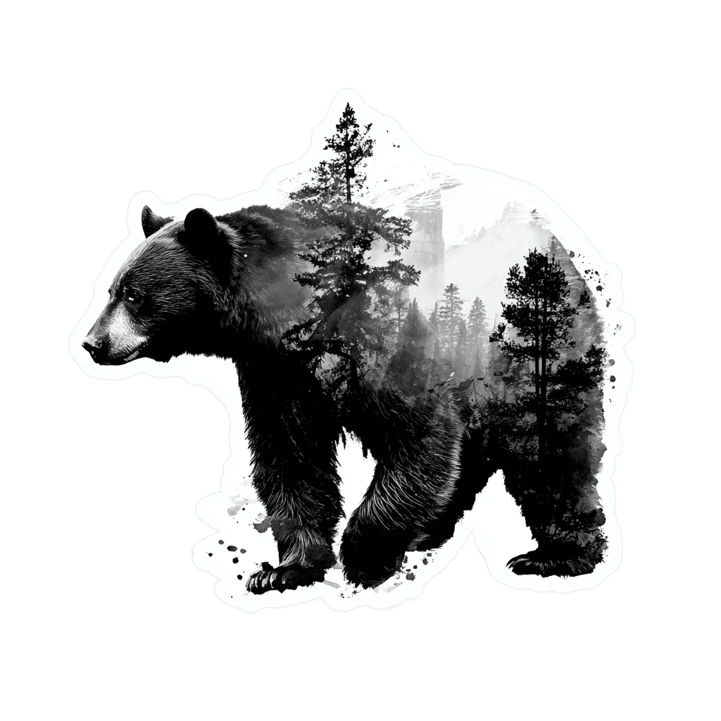 Black and white graphic of a bear silhouette filled with a forest and mountain scene.