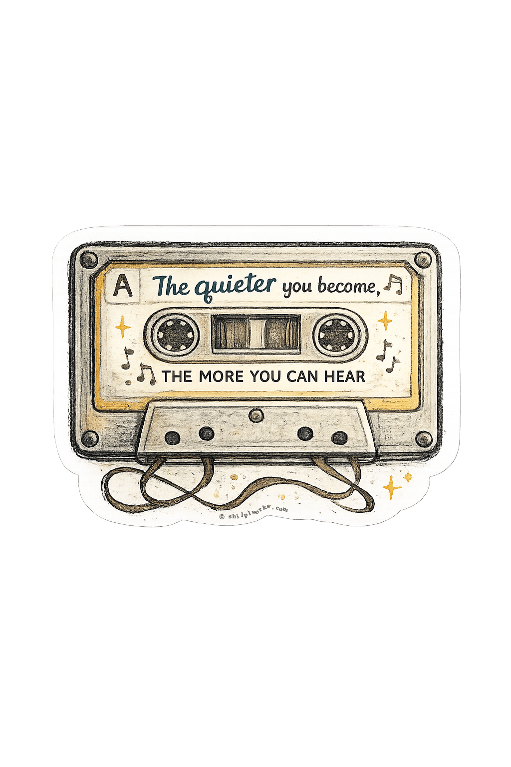 Art of a cassette tape with the quote 'The quieter you become, the more you can hear'.