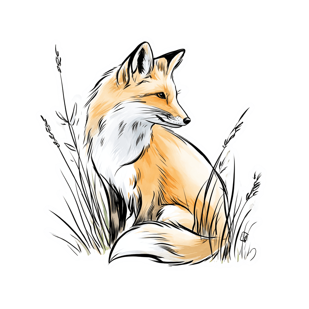 Vinyl sticker of an orange and white fox sitting amongst tall grass, rendered in a stylized, sketched art style.