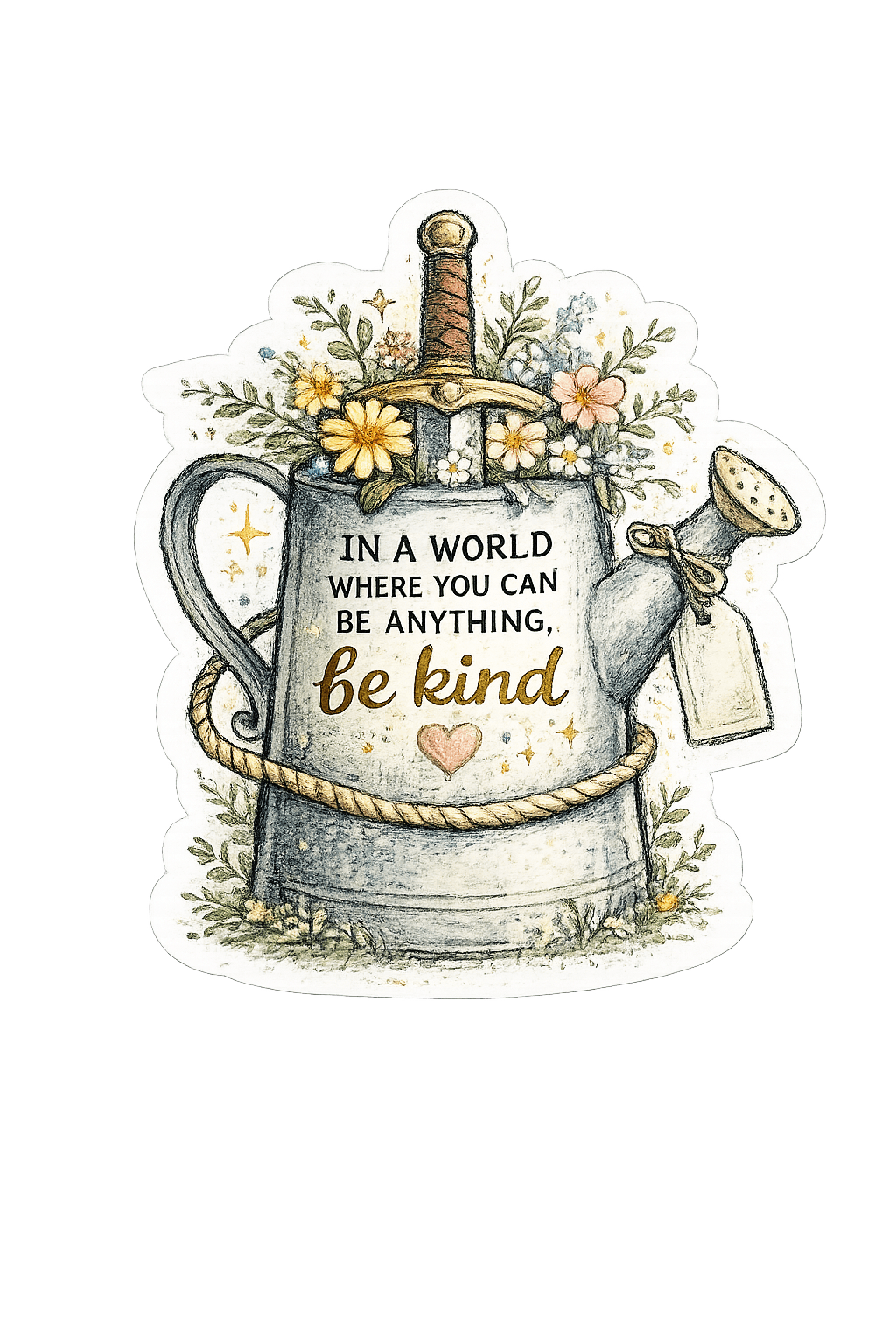 Watercolor-style watering can filled with flowers and a sword with the text 'IN A WORLD WHERE YOU CAN BE ANYTHING, be kind'.