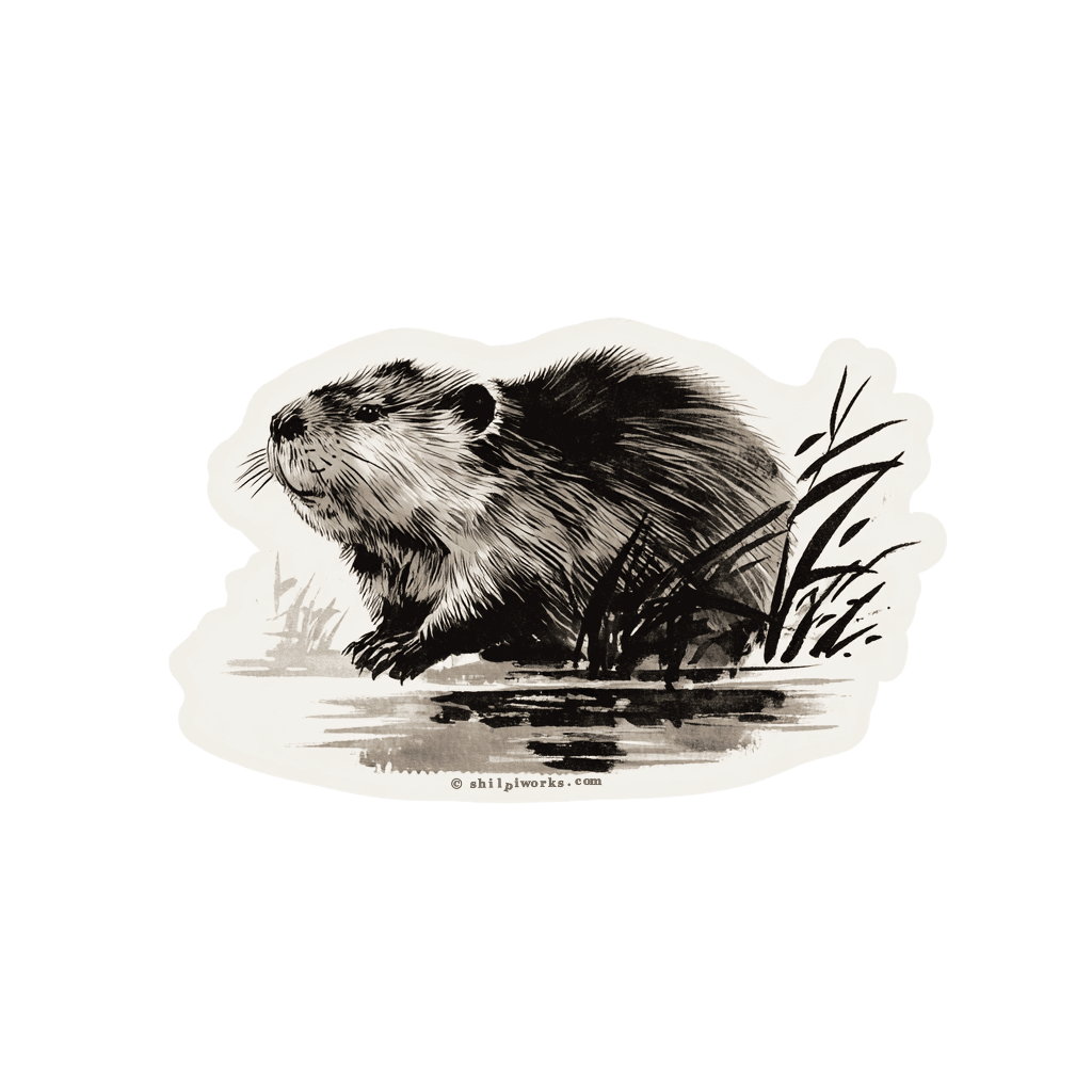 Monochrome drawing of a beaver near water.
