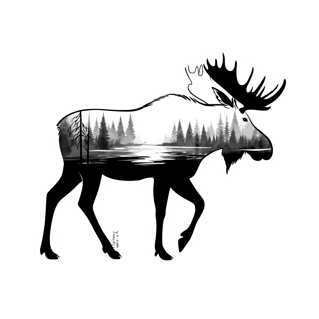 Black and white vinyl sticker of a moose silhouette containing a forest landscape.