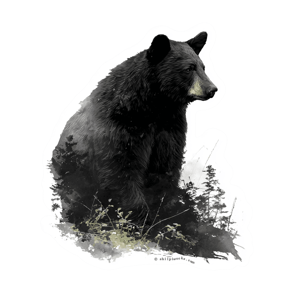 Artistic black bear blends into a forest scene.