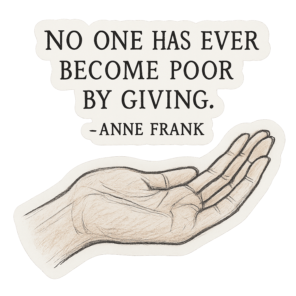 Art piece featuring Anne Frank quote about giving with a hand illustration.