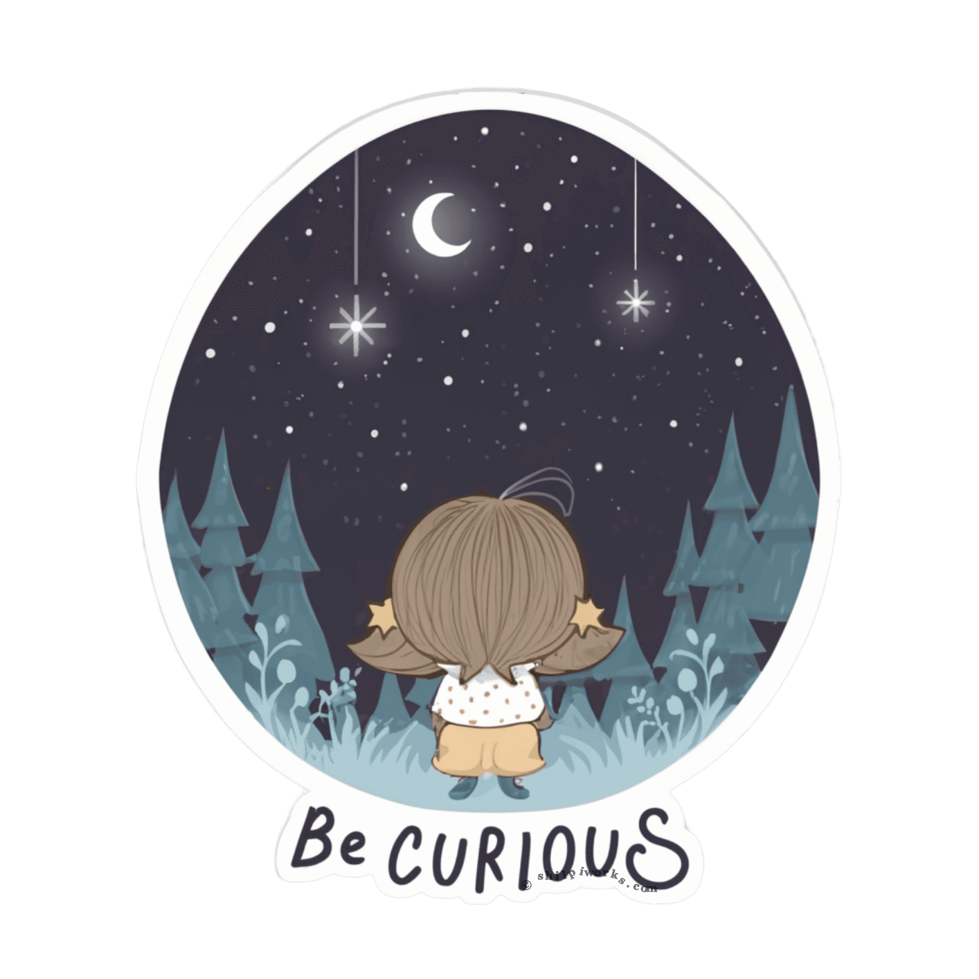 A whimsical character with pigtails gazes at a starry night sky, surrounded by trees, with the text 'Be Curious' below.