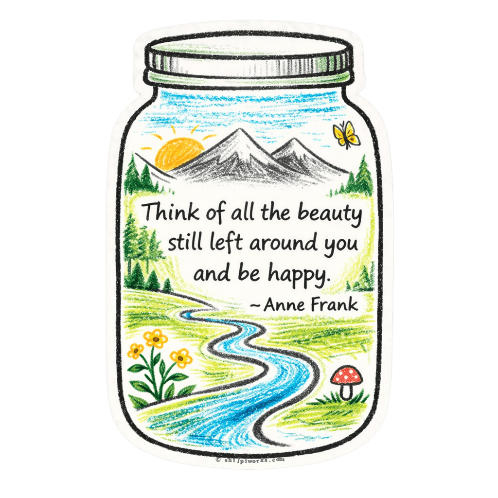 A 2.5x2.5 inch sticker depicting a jar with a mountain landscape, a river, and a quote by Anne Frank about beauty and happiness.