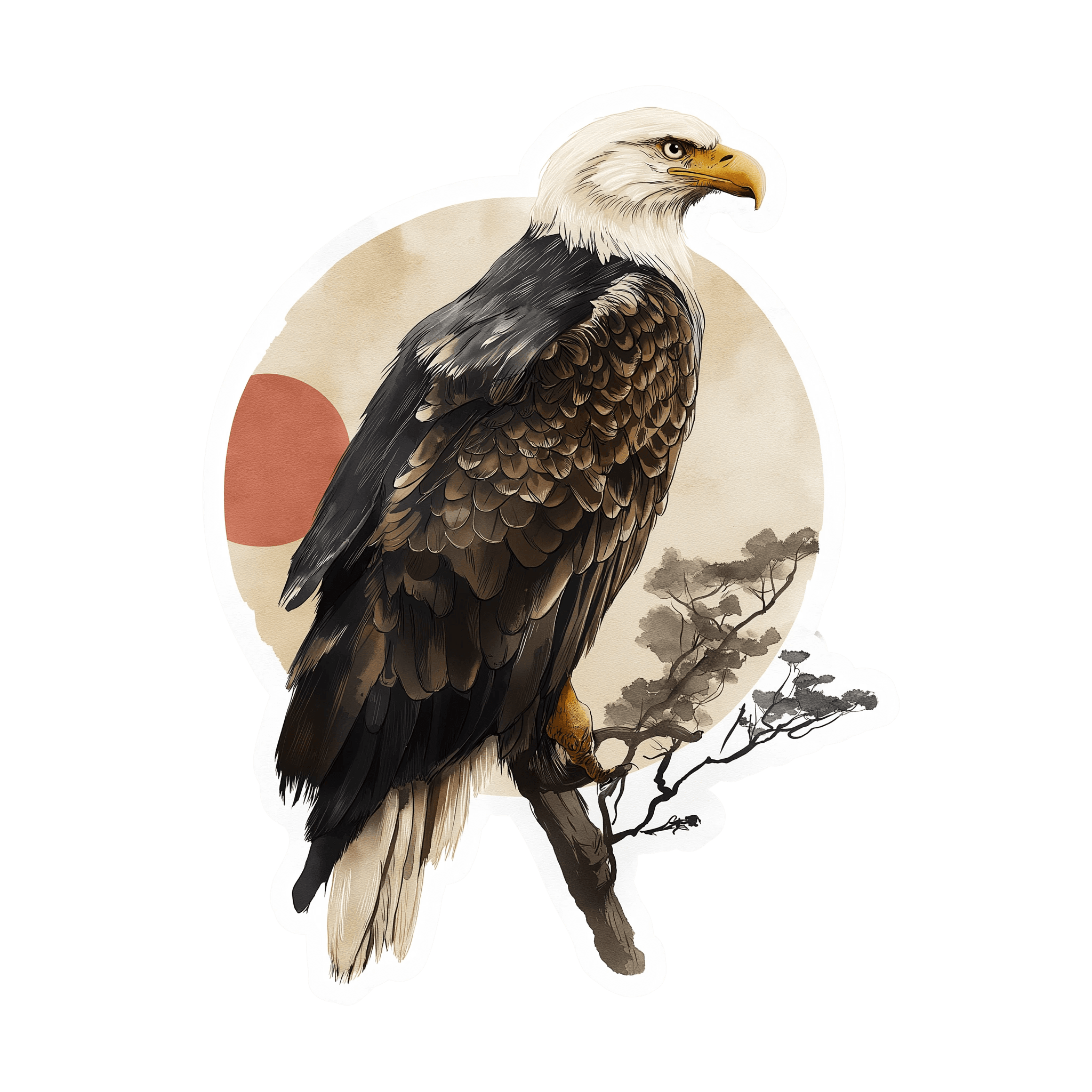 Illustration of a brown and white bald eagle perched on a branch with an abstract sun background.