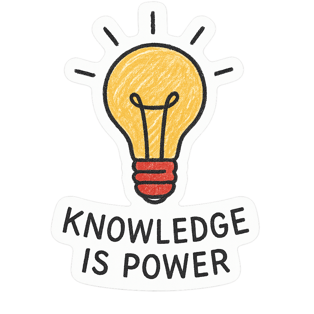 Graphic of a lightbulb with the text 'Knowledge is Power'.