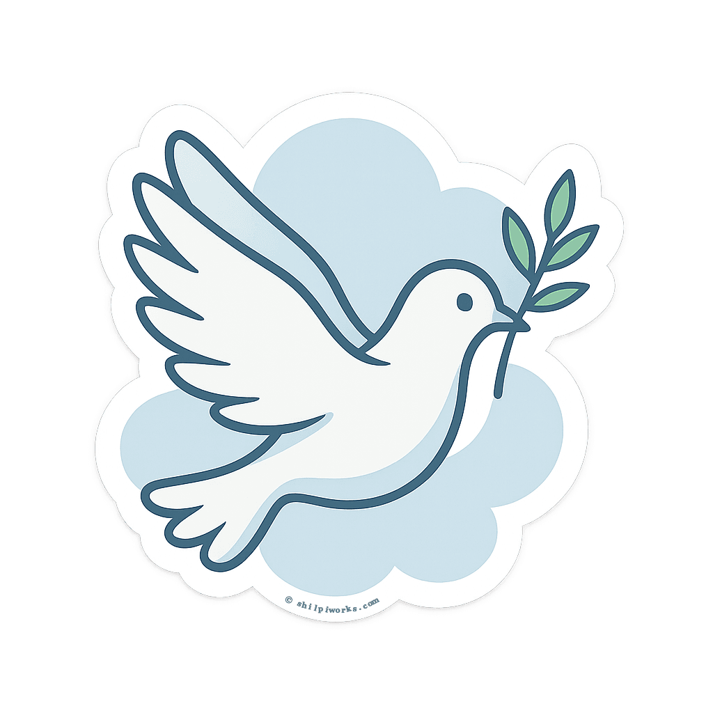Illustration of a white dove carrying an olive branch against a soft blue cloud.