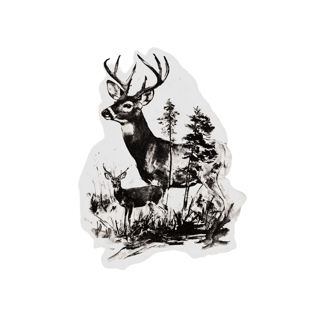 Black and white illustration of a deer and fawn in a field with pine trees.
