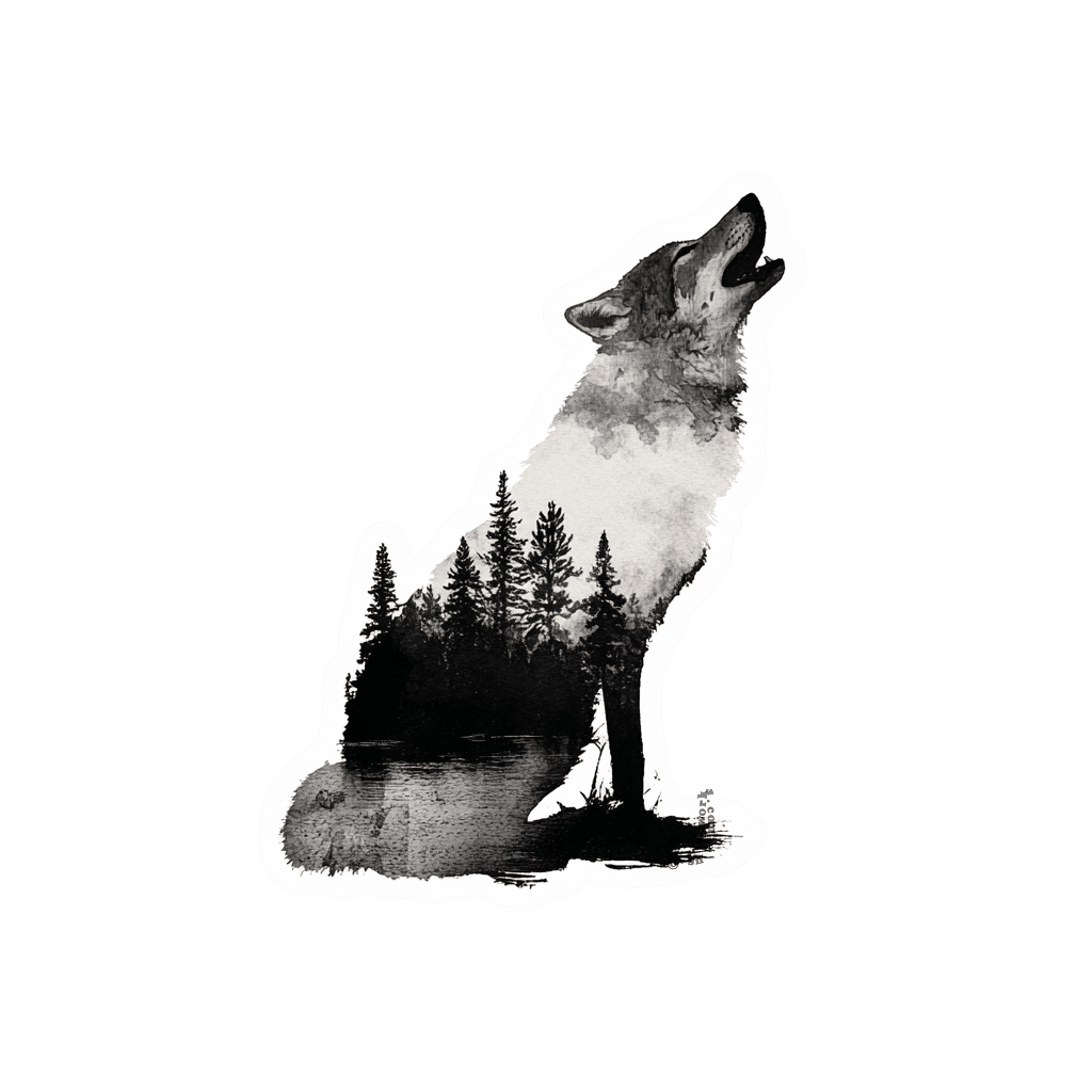 Black and white image of a howling wolf with a forest and lake scene inside its silhouette.