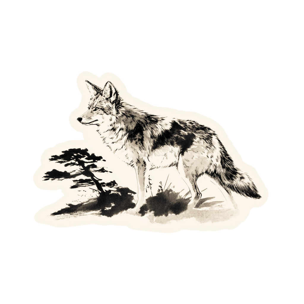 Illustration of a wolf standing near a tree in an ink wash style.