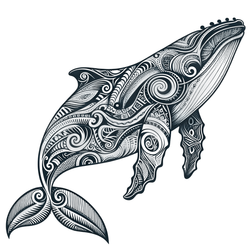 A black and white illustration of a whale filled with intricate zentangle and mandala patterns against a white background.