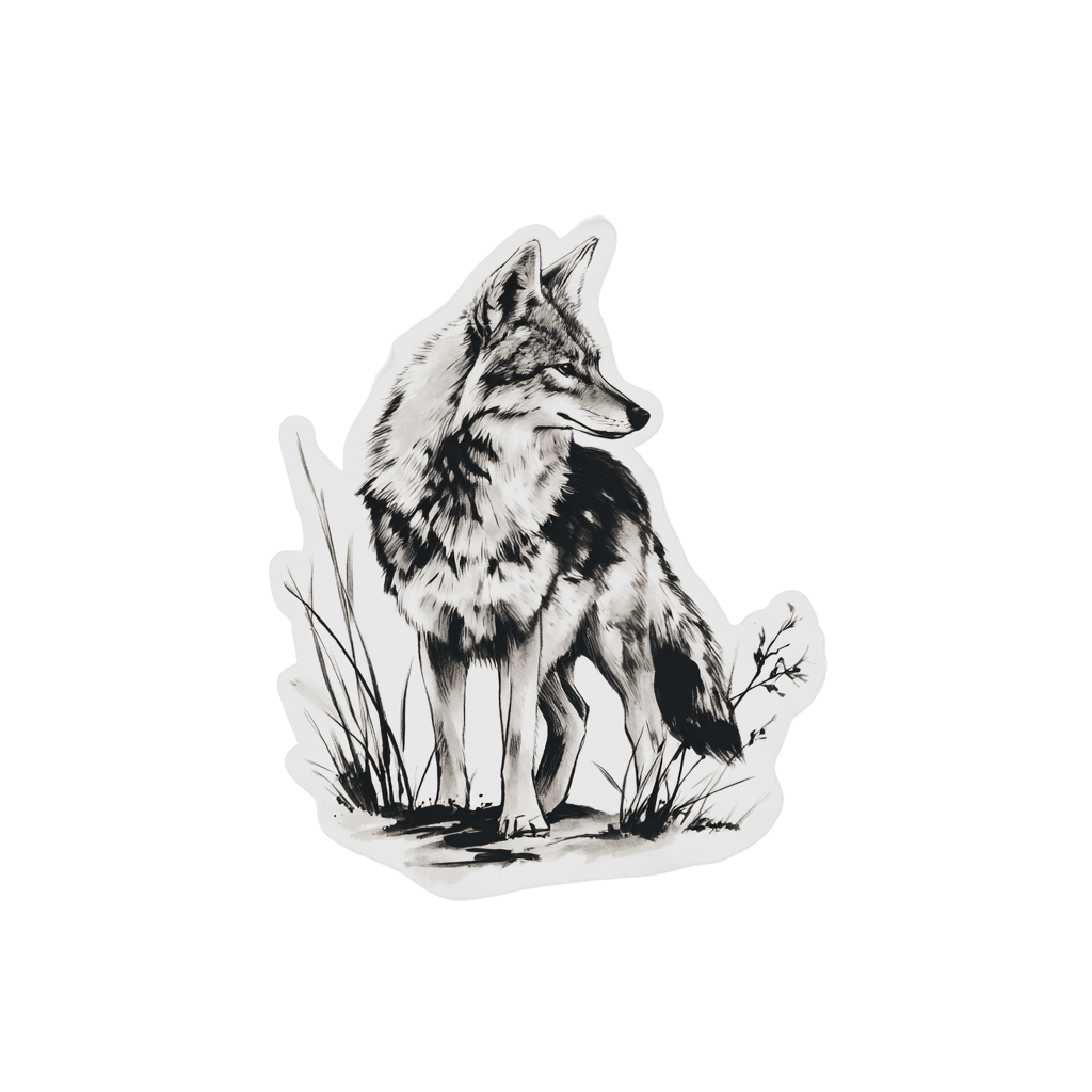 Black and white artwork of a Wolf standing in tall grass.