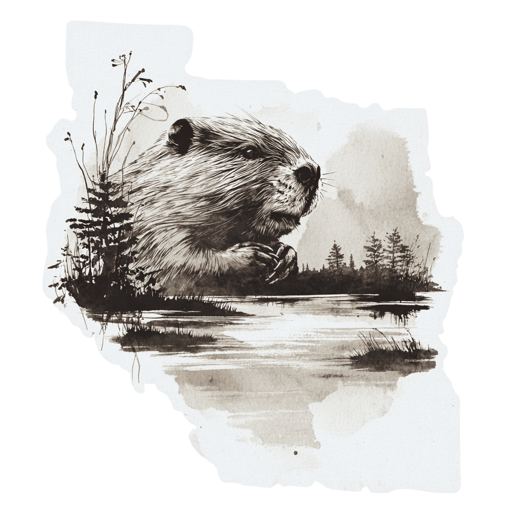 Detailed ink-wash illustration of a beaver in a natural habitat.