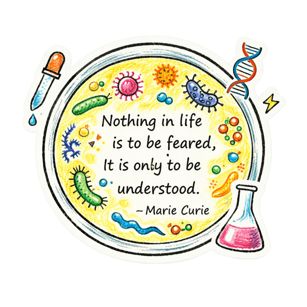 A colorful sticker featuring a petri dish filled with microbes and a quote by Marie Curie about understanding life.