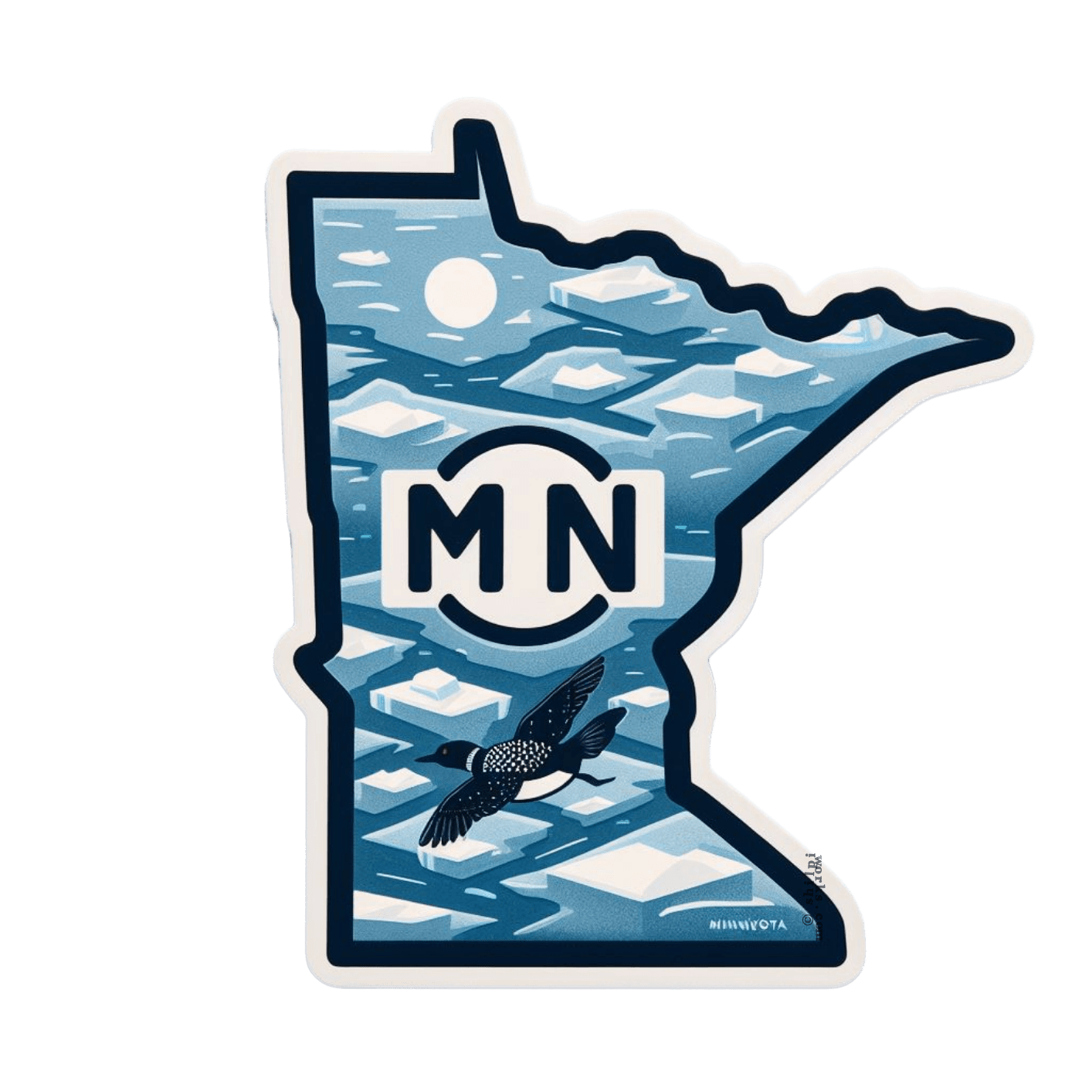 Sticker of Minnesota state outline featuring a loon and icebergs in blue tones.