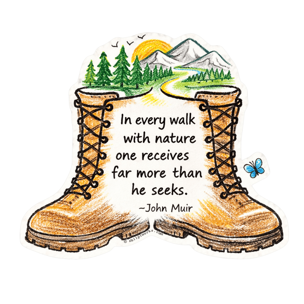 Sticker featuring illustrated hiking boots with trees and mountains, including the quote by John Muir.