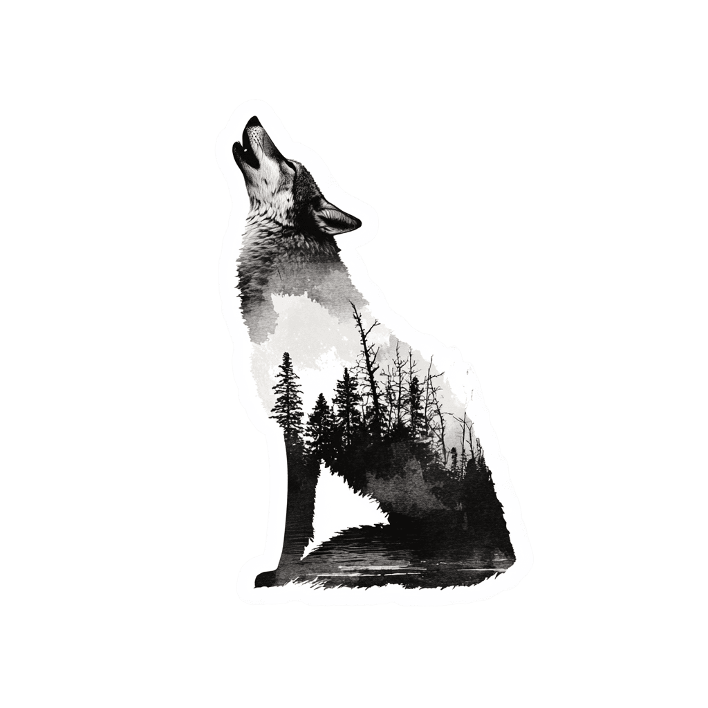 Black and white howling wolf with forest landscape inside.