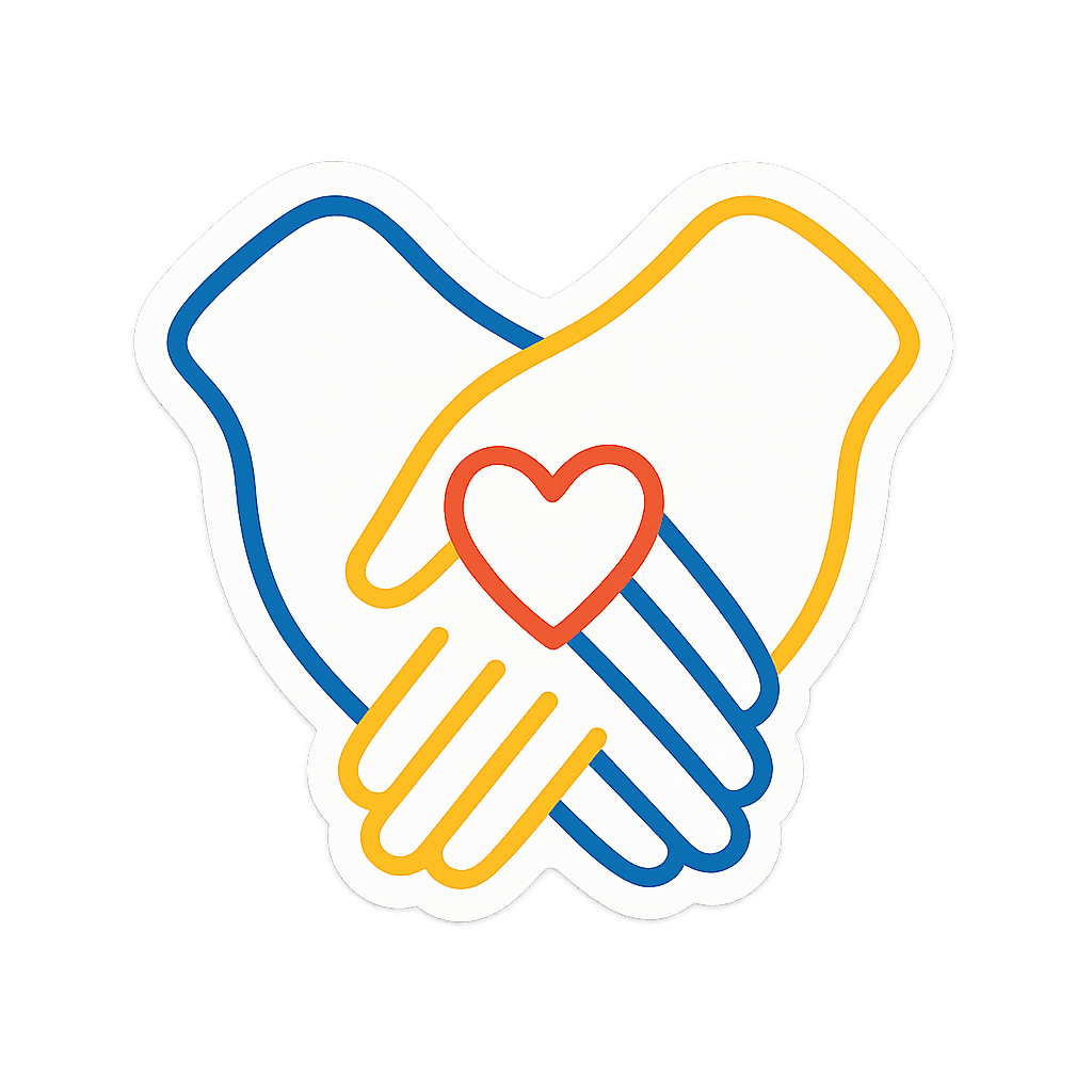 Illustration of blue and yellow outlined hands clasped together with a red heart in the center.