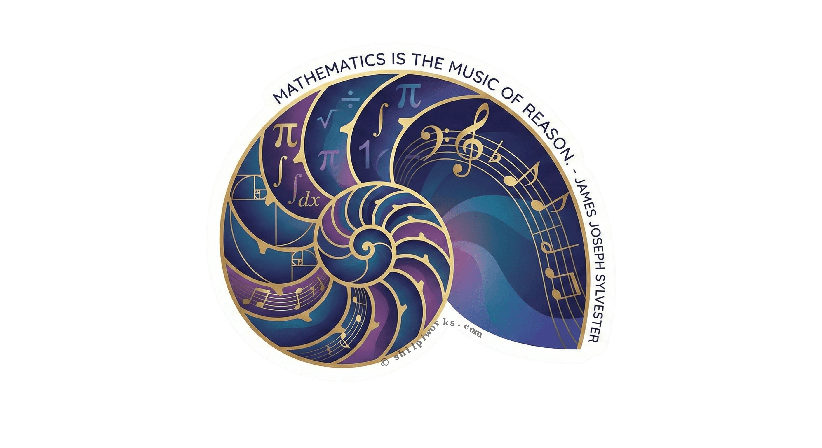 A colorful 2.5x2.5 inch sticker featuring a spiral shell design with mathematical symbols and musical notes, including the phrase 'Mathematics is the music of reason.'