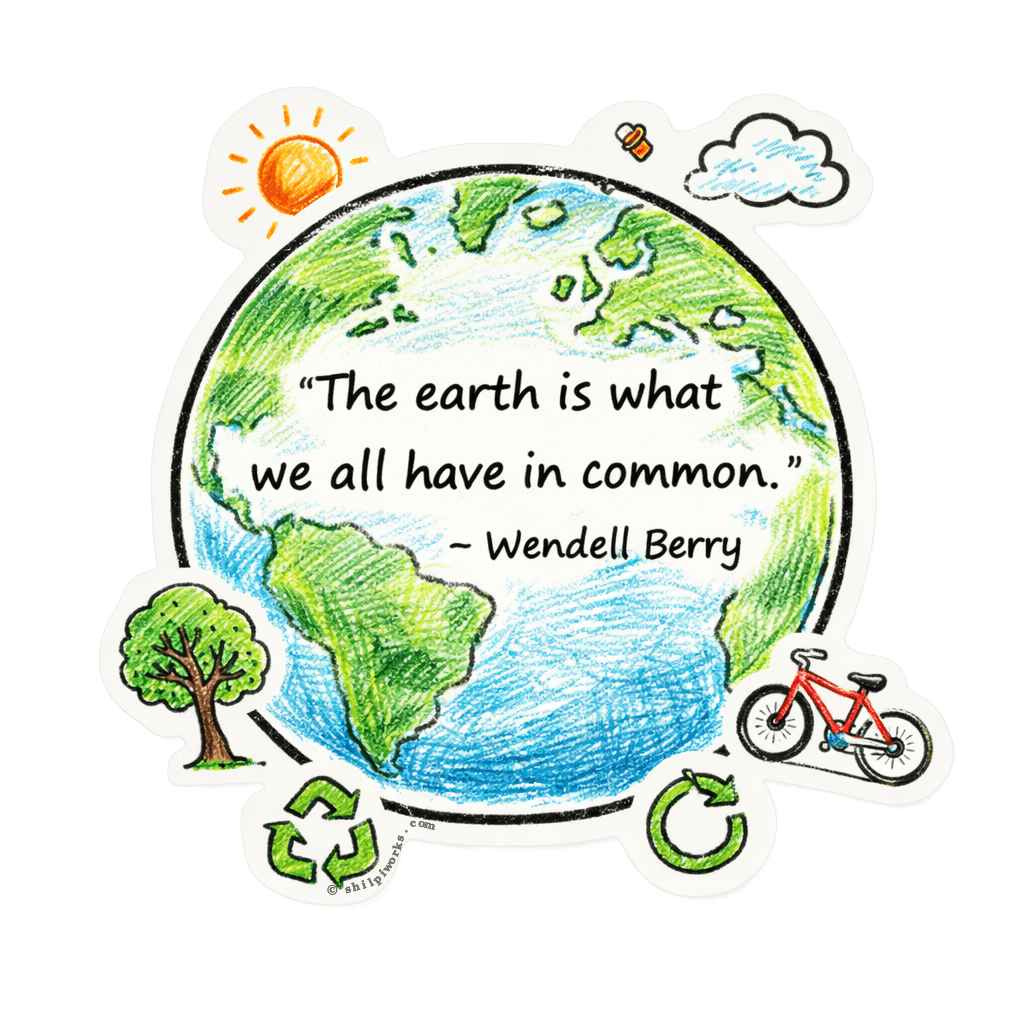 Colorful vinyl sticker of Earth with trees, a bicycle, and a quote by Wendell Berry.