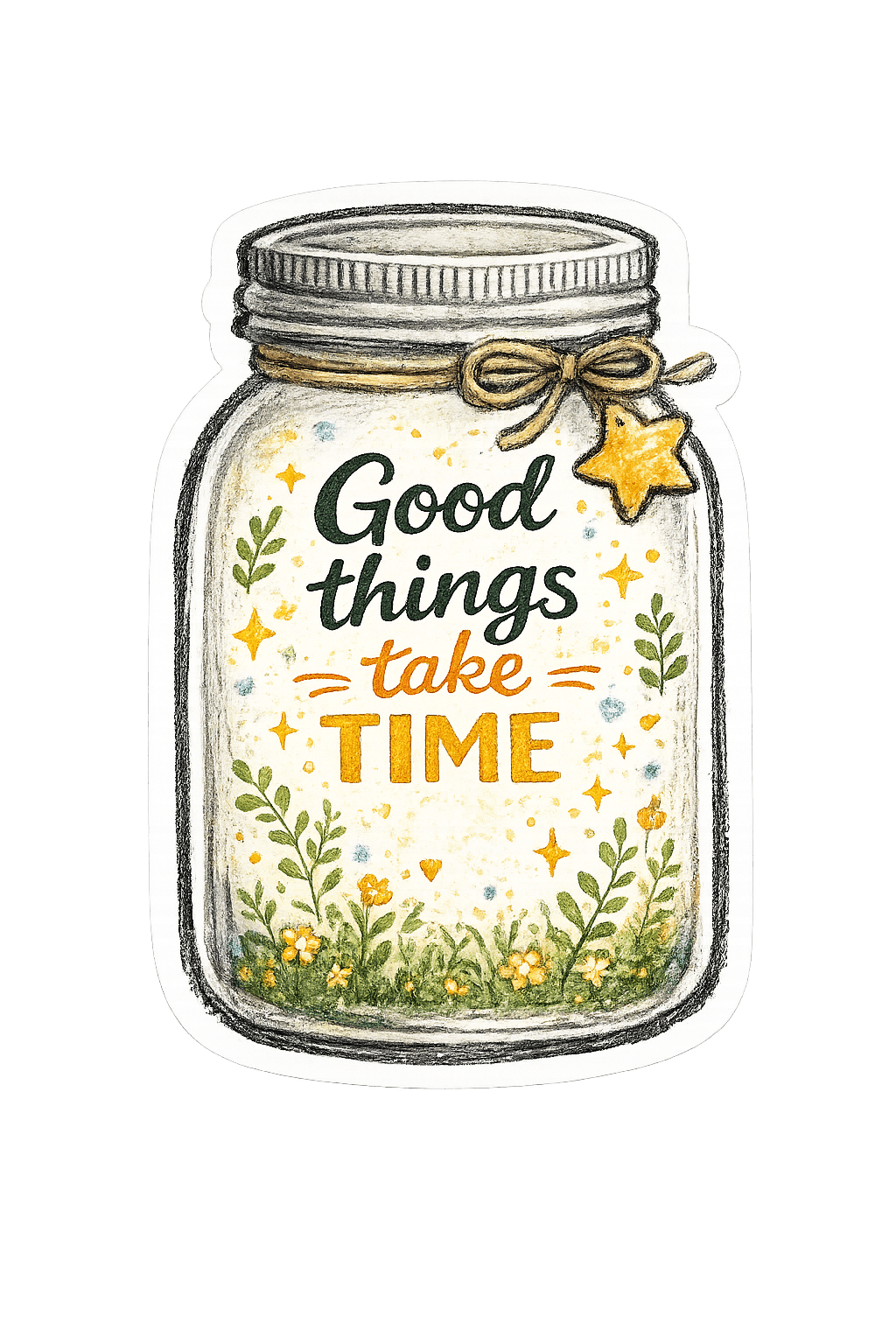 Illustration of a mason jar filled with foliage, stars and the quote 'Good things take TIME'