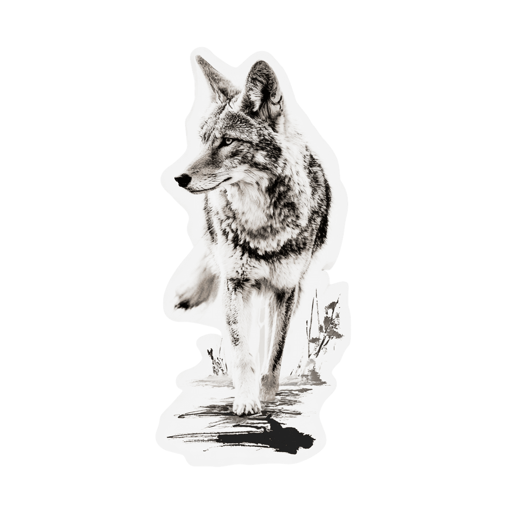 A detailed illustration of a coyote in black and white.
