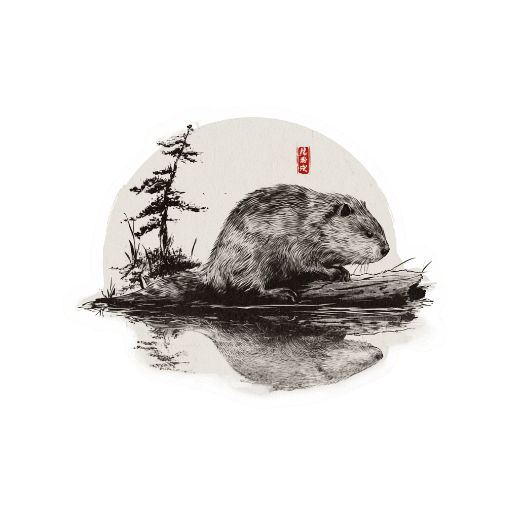 Illustration of a beaver sitting on a log in the water with a reflection below.