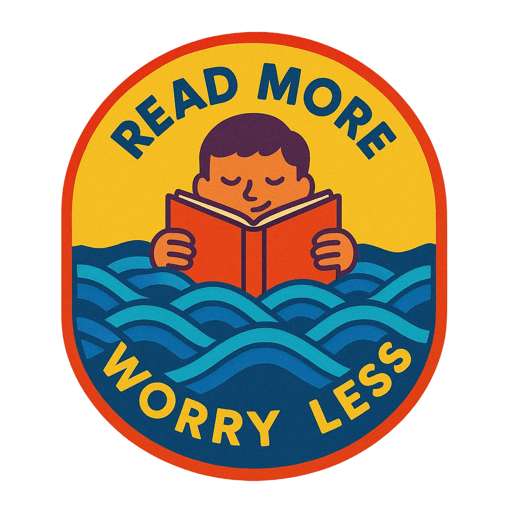 A sticker featuring a boy reading a book surrounded by waves, with the text 'READ MORE Worry Less'